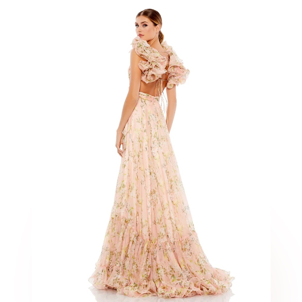 Mac Duggal Leena Ruffle Tiered Floral Cut-Out Chiffon Gown. Free matching clutch